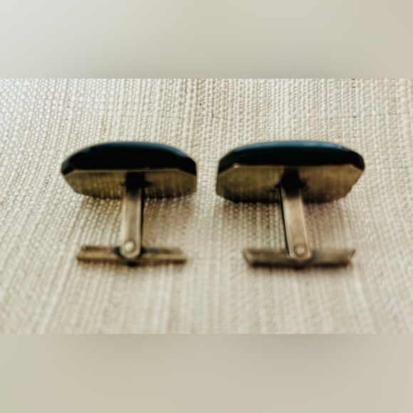 1950’s MCM Retro Vintage 925 Sterling Silver Smoke Obsidian Cufflinks Mexico - Picture 5 of 5